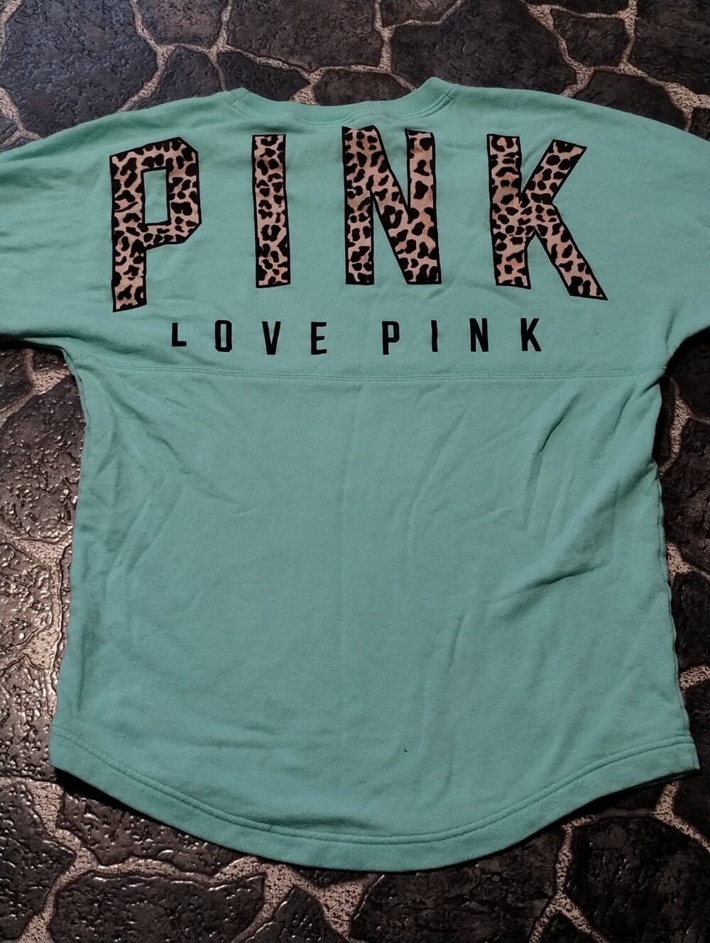 Victorias Secret PINK teal oversized sweatshirt cheetah print Logo Size S VGE